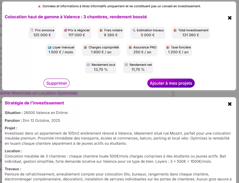 Fiche d'analyse Immovia : prix à négocier, frais de notaire, estimation des travaux et total d'investissement