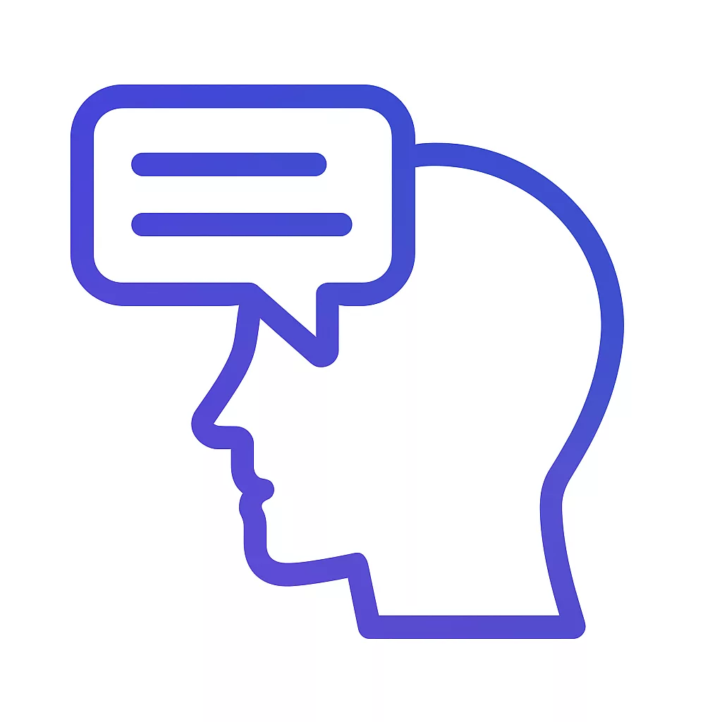 Icône tête humaine et bulle de dialogue en violet