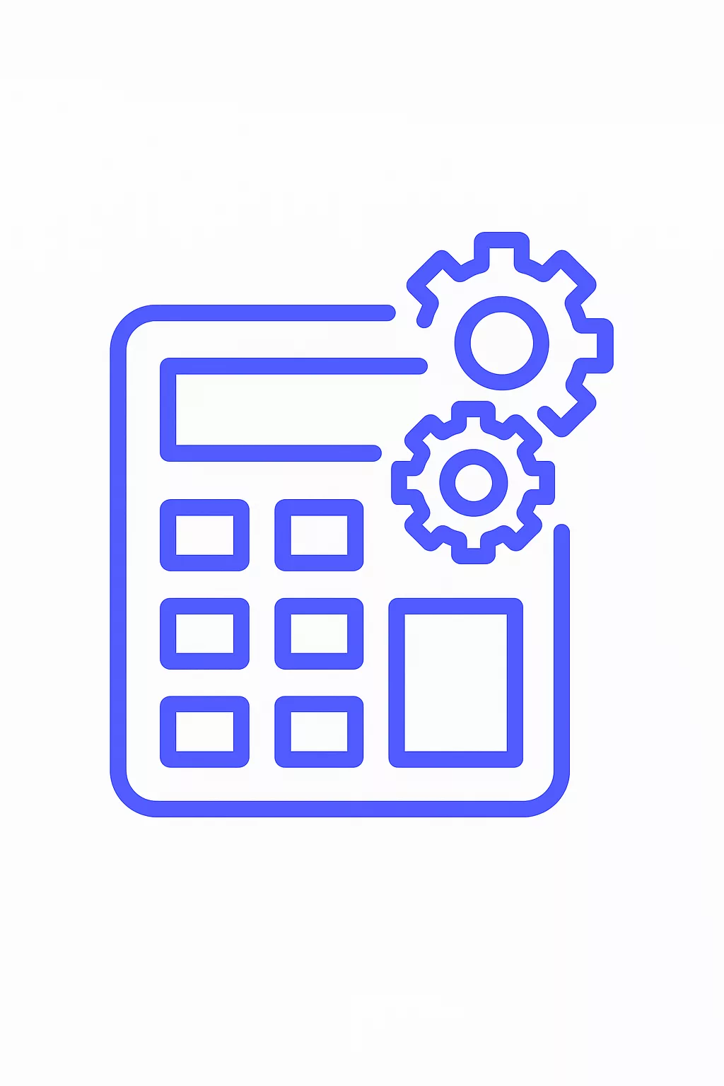 Icône calculatrice et engrenages violets sur fond blanc