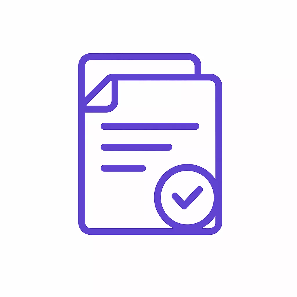 Icône documents superposés avec coche, couleur violet