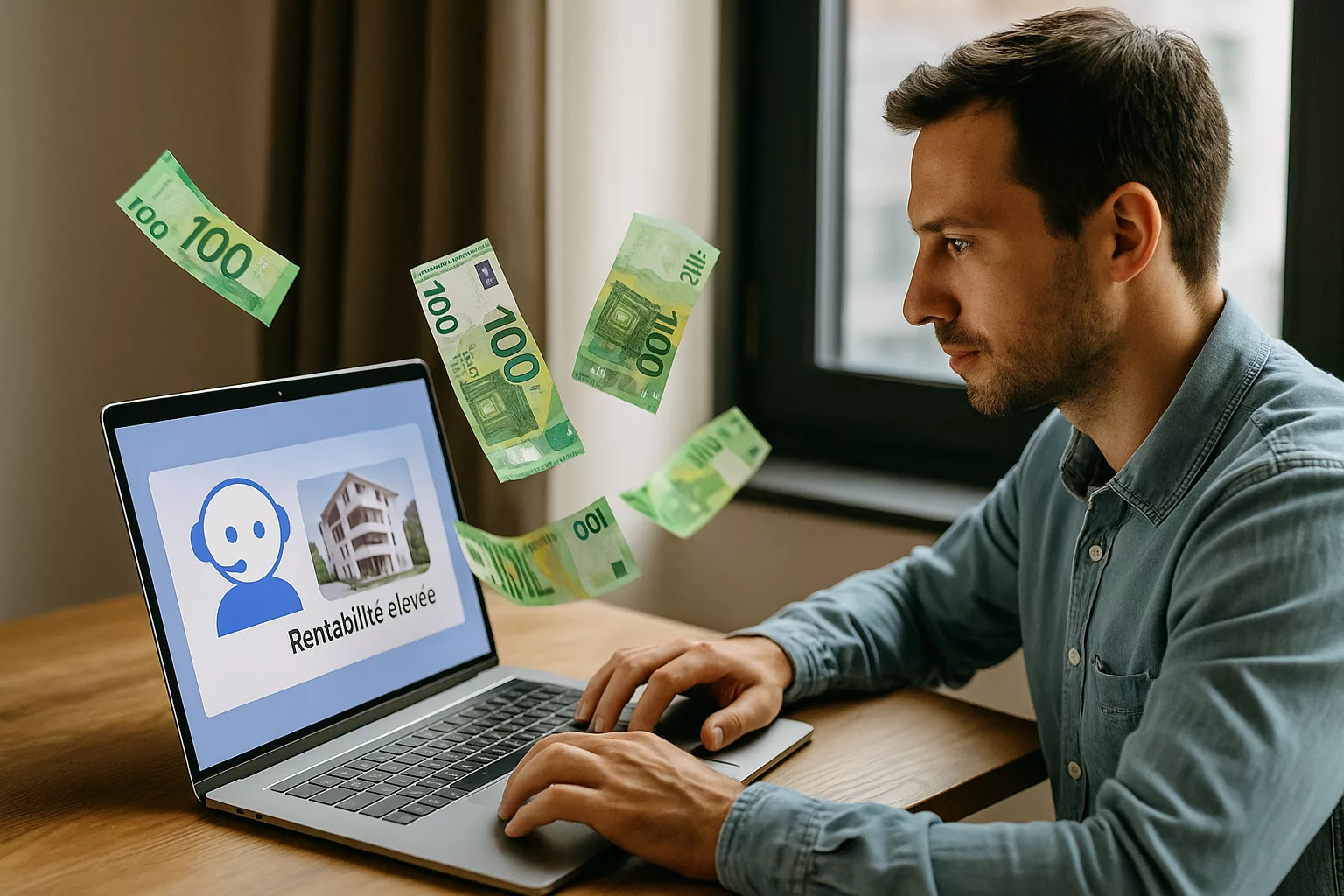 Homme recevant une annonce rentable avec billets