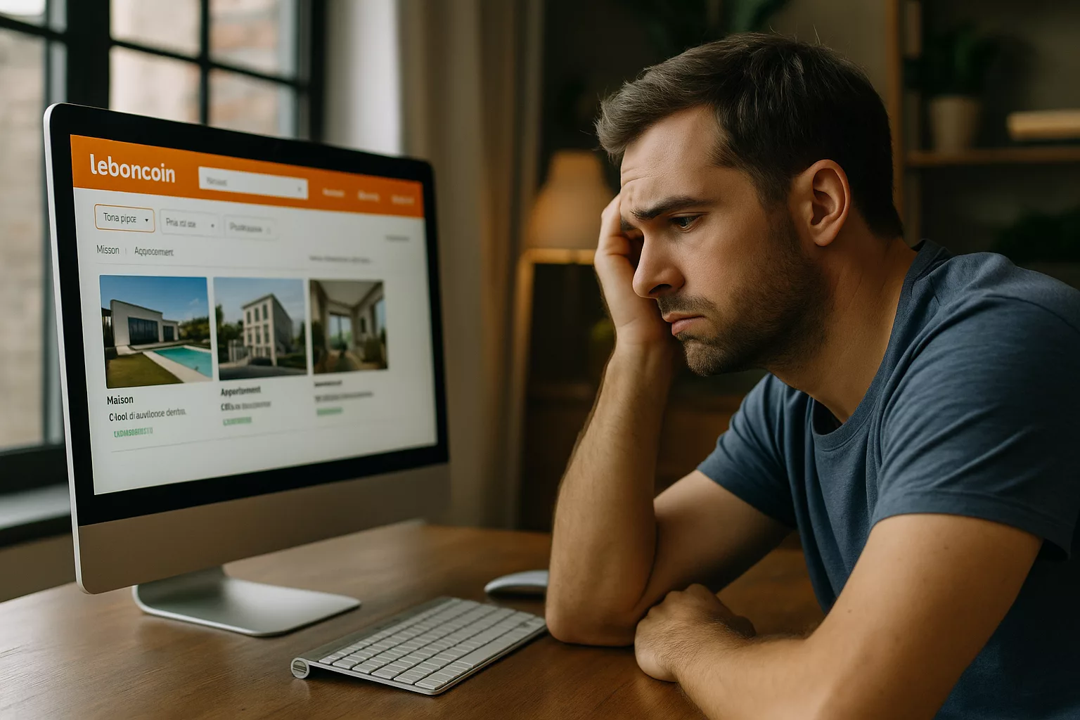 Homme fatigué devant Le Bon Coin sur ordinateur