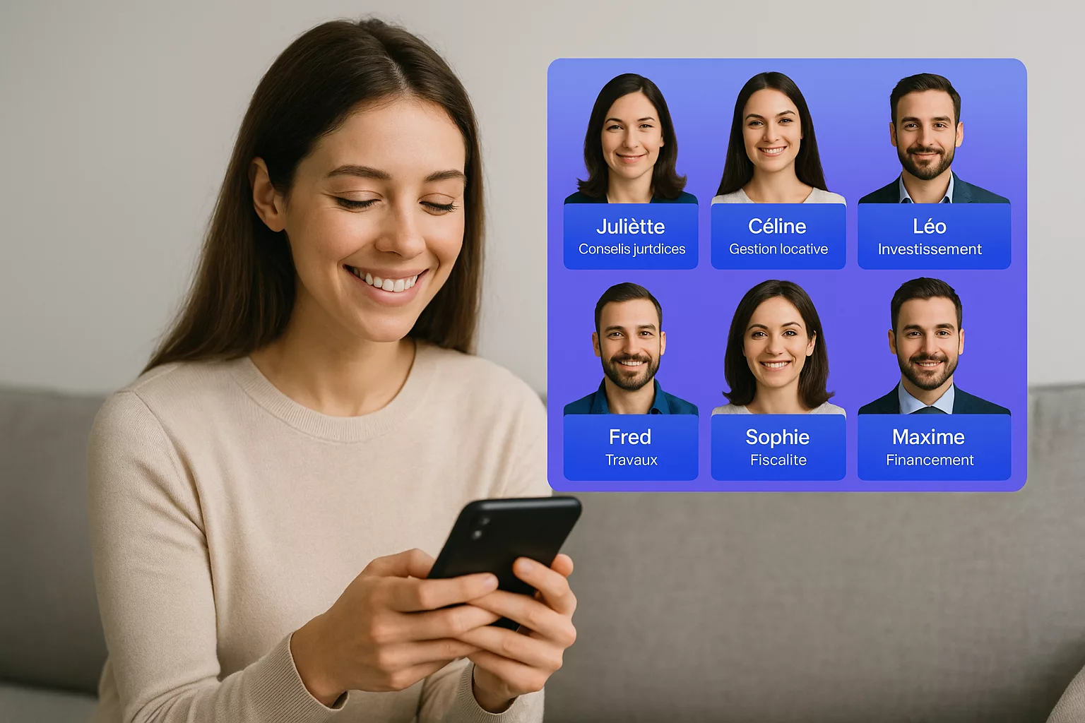 Femme entourée des 6 agents IA spécialisés