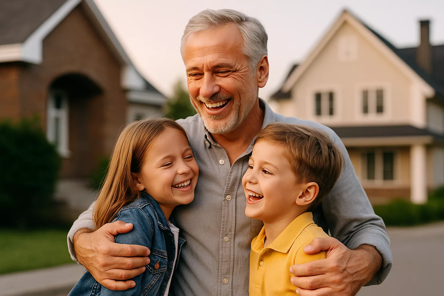 Père souriant avec ses enfants devant un patrimoine