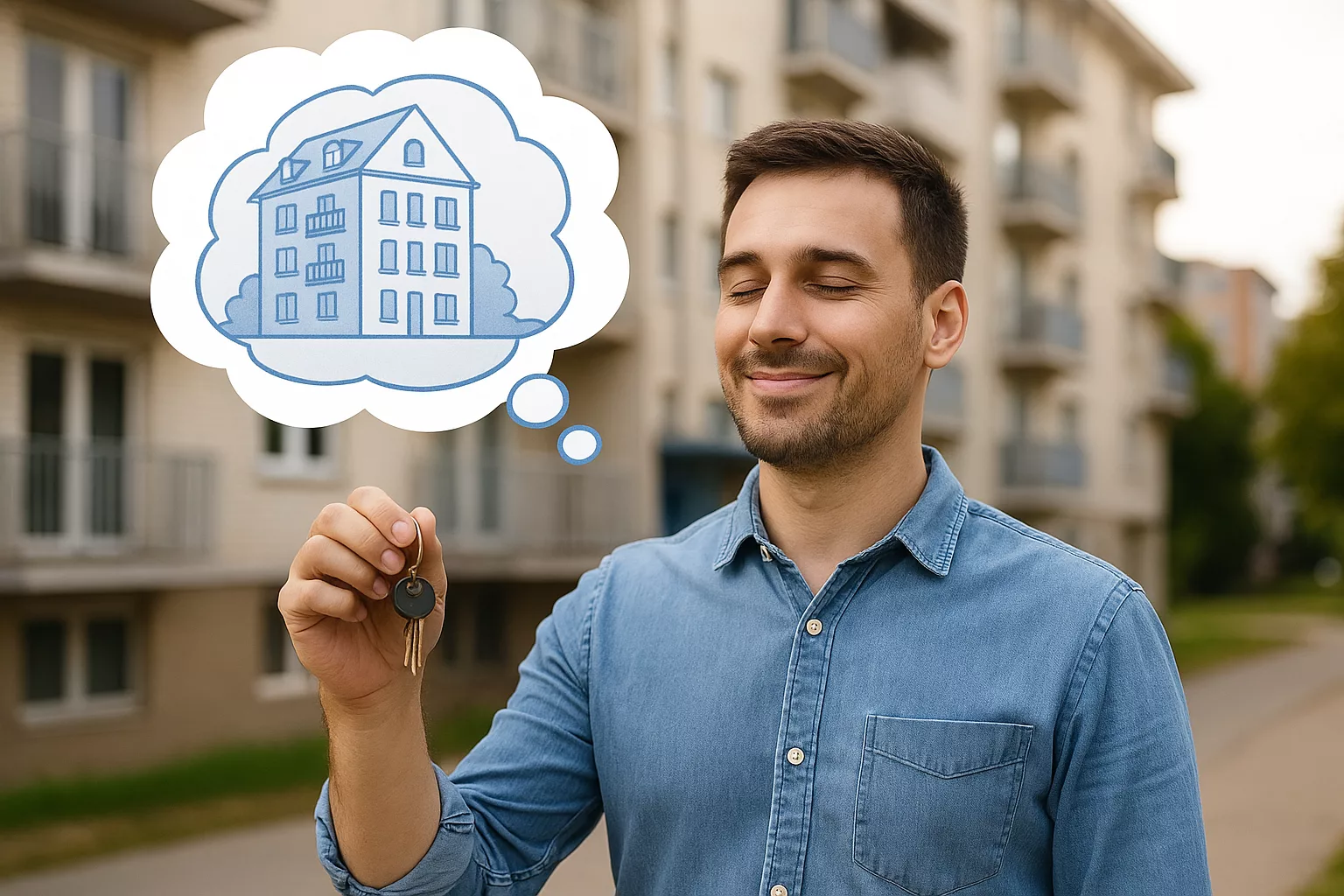 Homme rêvant d’un immeuble et tenant les clés