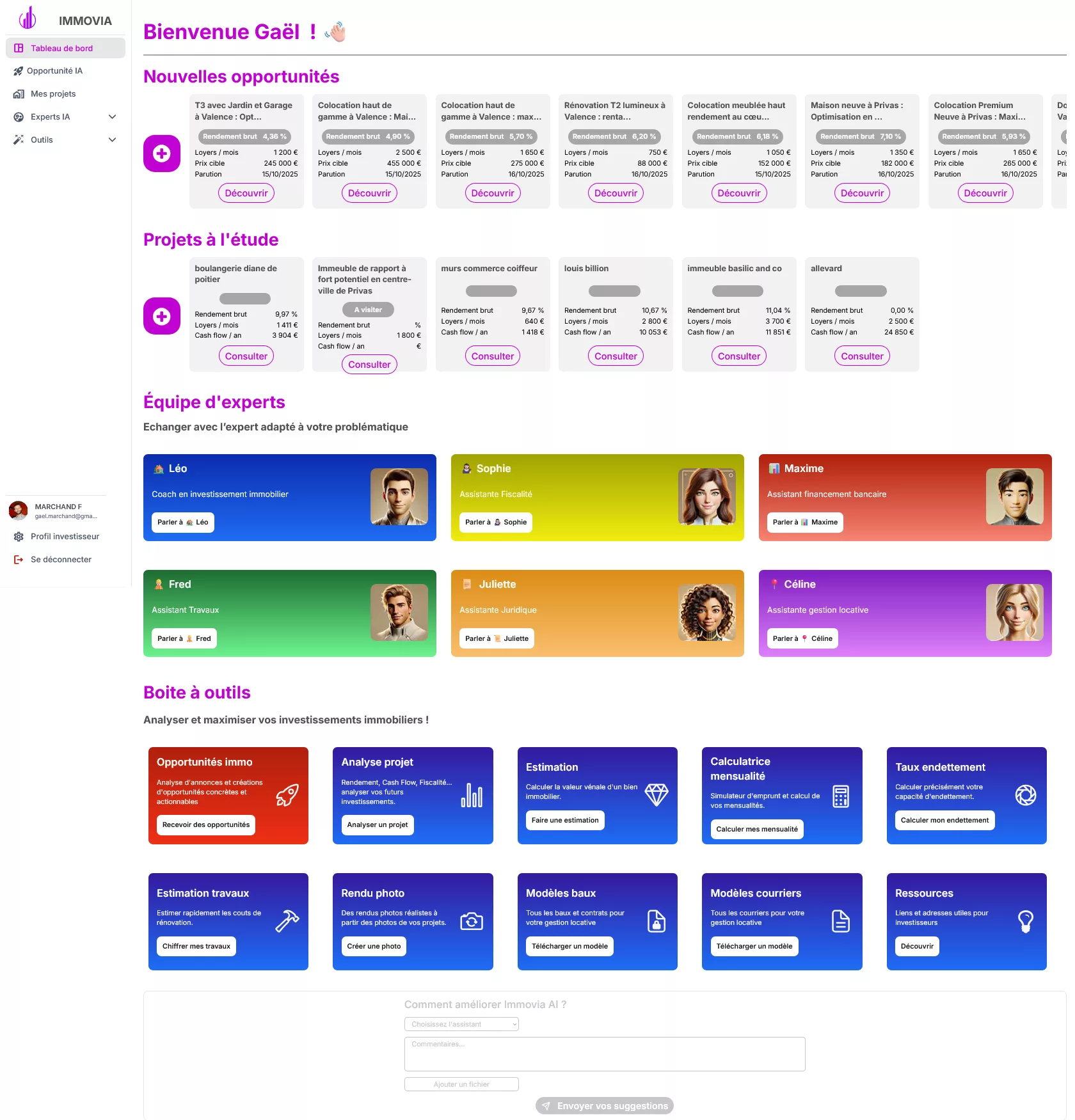 Dashboard Immovia affichant les opportunités immobilières, projets analysés et agents IA pour investisseurs