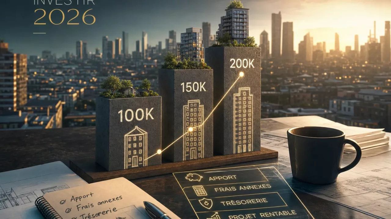Apport investir 2026 : guide clair sur l'apport, les frais annexes et scénarios pour 100k/150k/200k.
